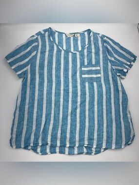 Christian Siriano Blue and White Striped 100% Linen Shirt